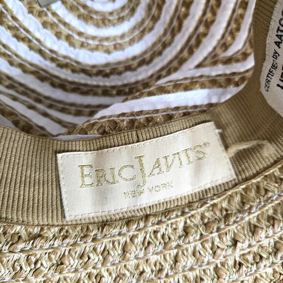 Eric Javits Sun Bucket Hat Straw Tan and White Packable - Picture 7 of 8